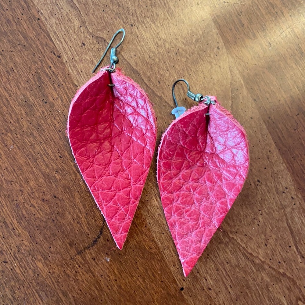 Red leather feather earrings